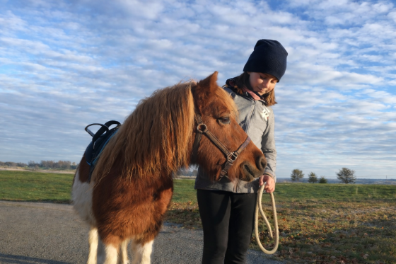Kind führt liebevoll ein Pony auf dem Hof